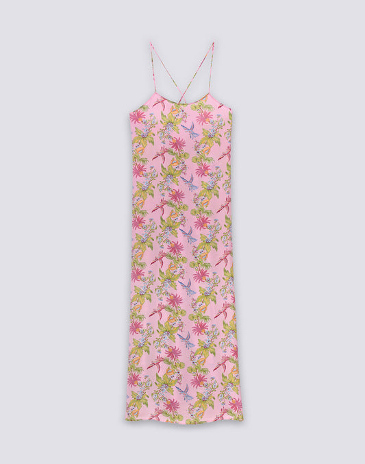 LONG SLEEVELESS WOMEN'S DRESS WITH SWEET PARROT PRINT