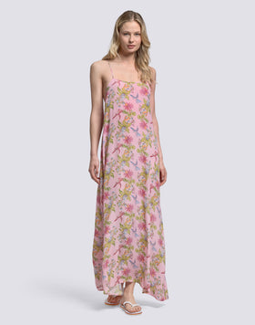 LONG SLEEVELESS WOMEN'S DRESS WITH SWEET PARROT PRINT