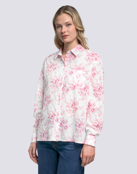 CAMICIA DONNA A MANICHE LUNGHE IN VOILE DI COTONE STAMPA ROSE DE JOIE