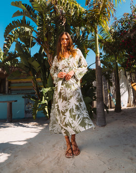 ABITO LUNGO IN COTONE VOILE CON STAMPA TROPIC SAVANA