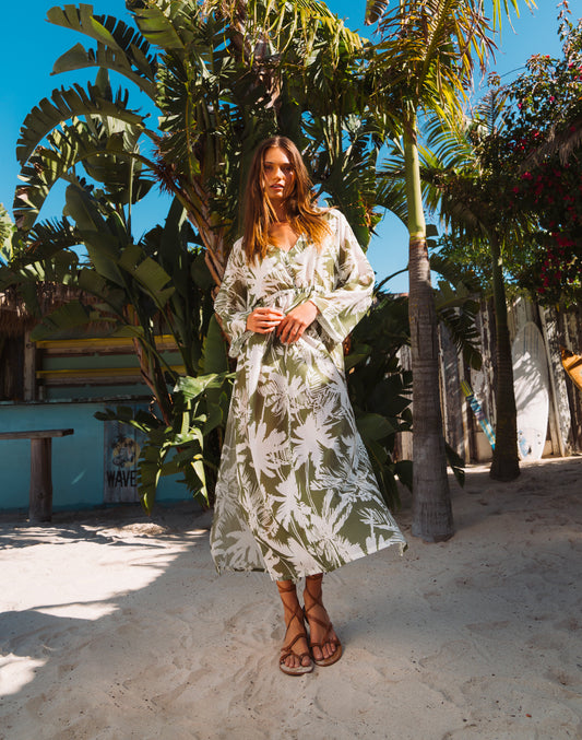 ABITO LUNGO IN COTONE VOILE CON STAMPA TROPIC SAVANA