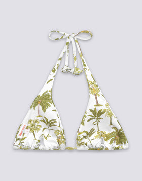 TOP DE BIKINI TRIANGULAR AMERICANO CON BORLAS Y ESTAMPADO BOTÁNICO