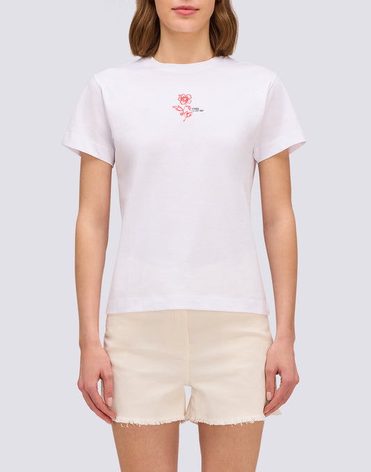 WOMEN'S T-SHIRT WITH EMBROIDERED AND PRINTED HIBISCUS