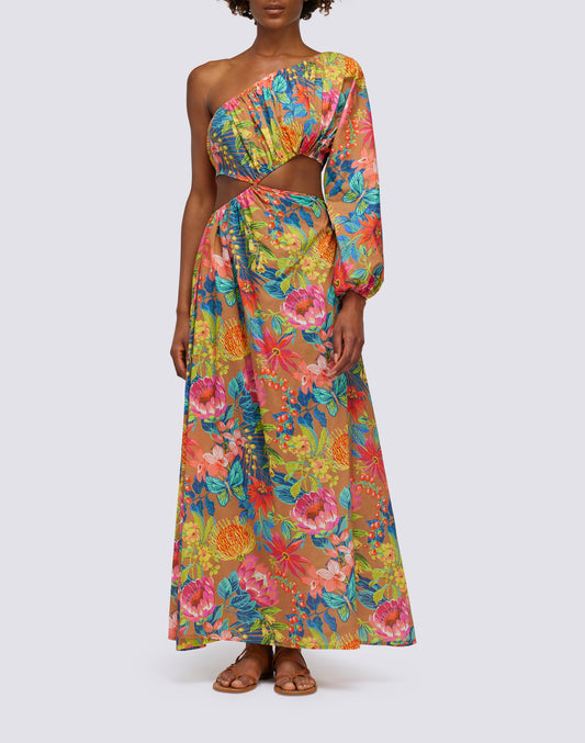 ONE-SHOULDER DRESS WITH CUT ON ONE SIDE AND WILD GARDEN PRINT