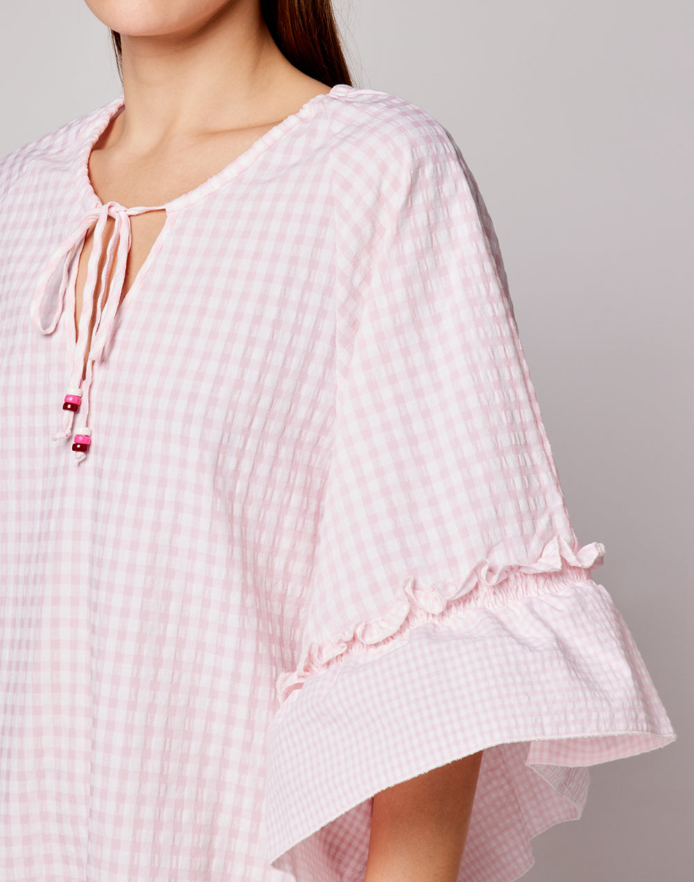 CAMISA DE ALGODÓN VICHY CON MANGAS DE VOLANTES